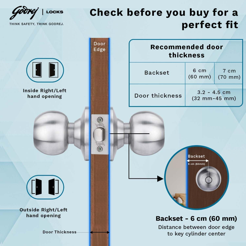 Godrej Locking Solutions and Systems Classic Keyless Cylindrical Lock Stainless Steel Finish 5805 (Bathroom Lock Without Key)